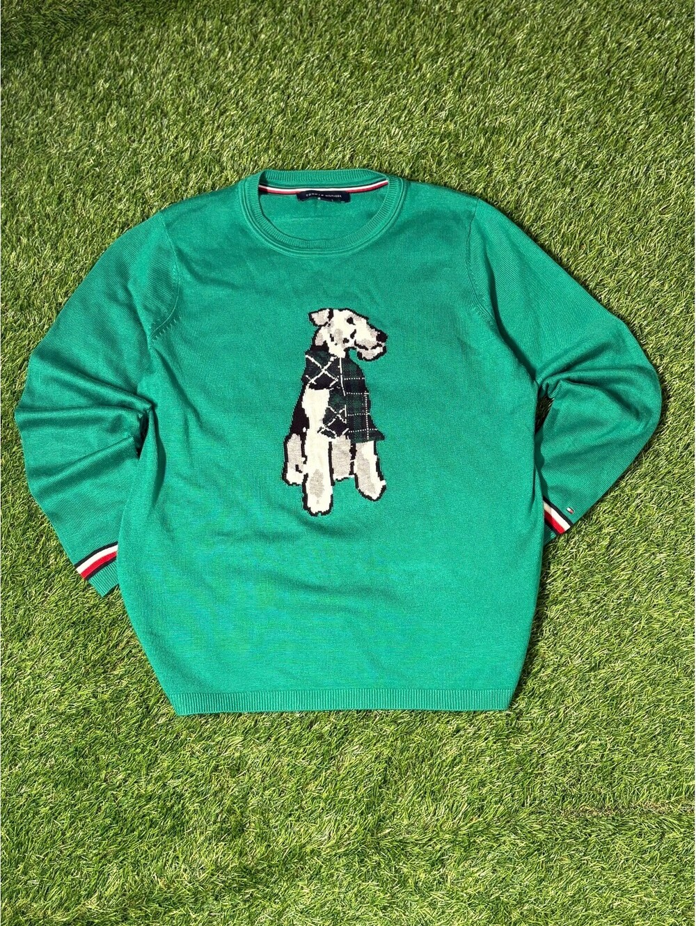 Tommy Hilfiger Crew Neck Dog Terrier Sweater Green Cotton Women's Size L